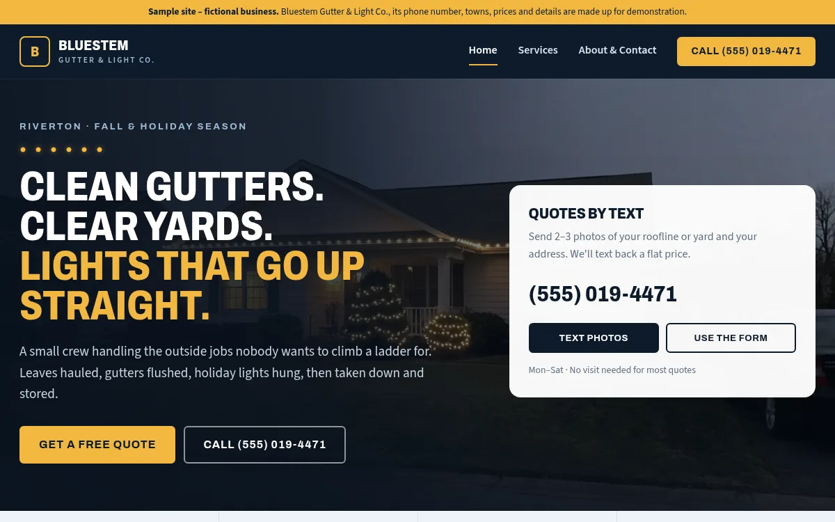 Home page of the Bluestem Gutter & Light sample site on a desktop browser