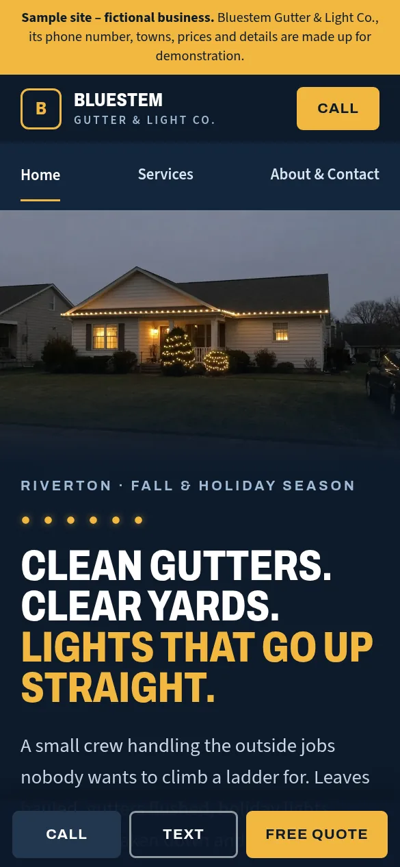 Bluestem Gutter & Light Co. sample home page on a phone