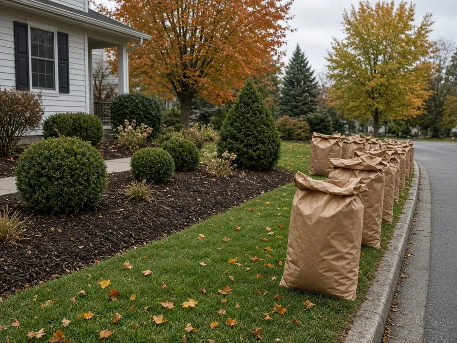 Bagged leaves lined up along a tidy suburban curb after a fall cleanup