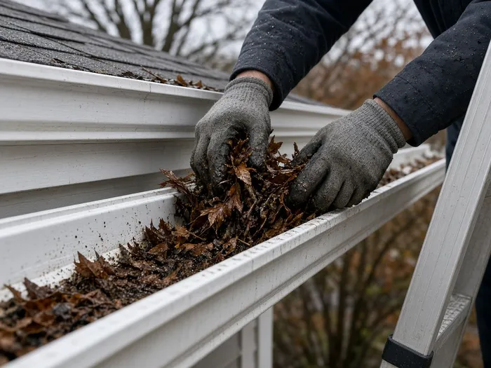 Gloved hand clearing leaves out of a house gutter