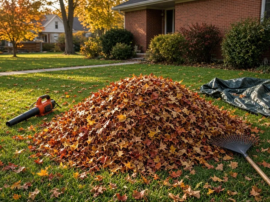 A large pile of raked autumn leaves on a lawn with a leaf blower and rake