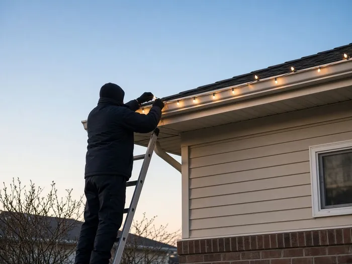 Holiday lights being hung along a roofline