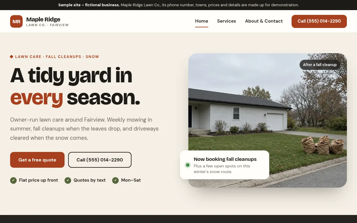 Maple Ridge Lawn Co. sample home page on desktop