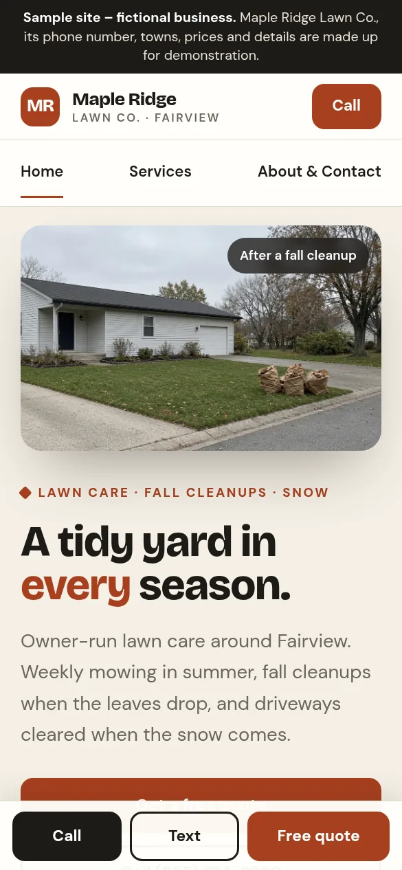 Maple Ridge Lawn sample site on a phone screen