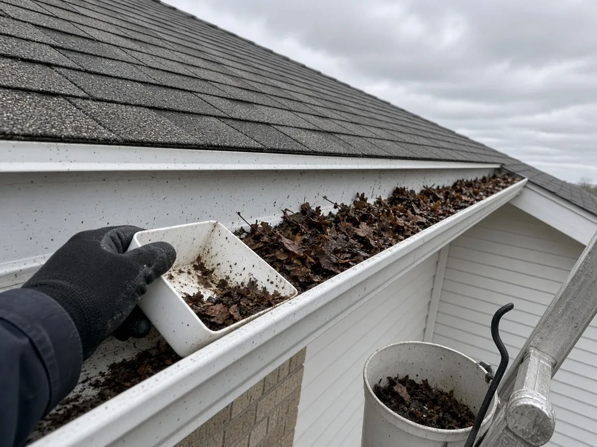 Gloved hand scooping wet leaves out of a house gutter
