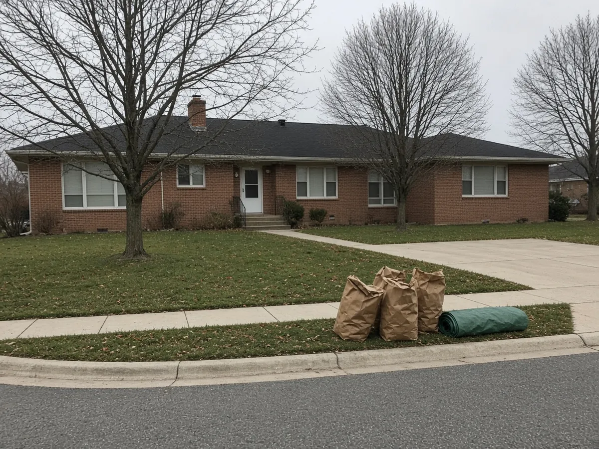 Front yard cleared of leaves with paper yard bags at the curb