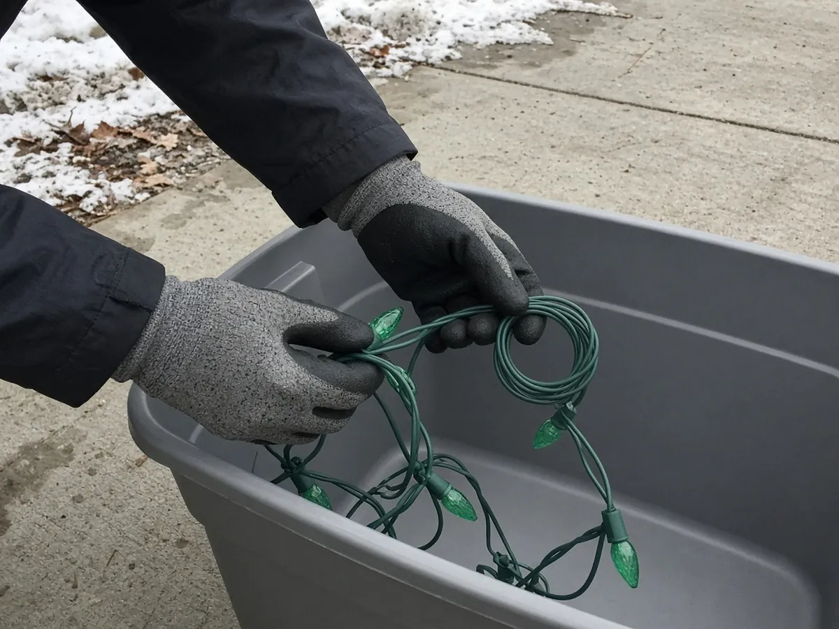 Gloved hands coiling a holiday light strand into a storage tote