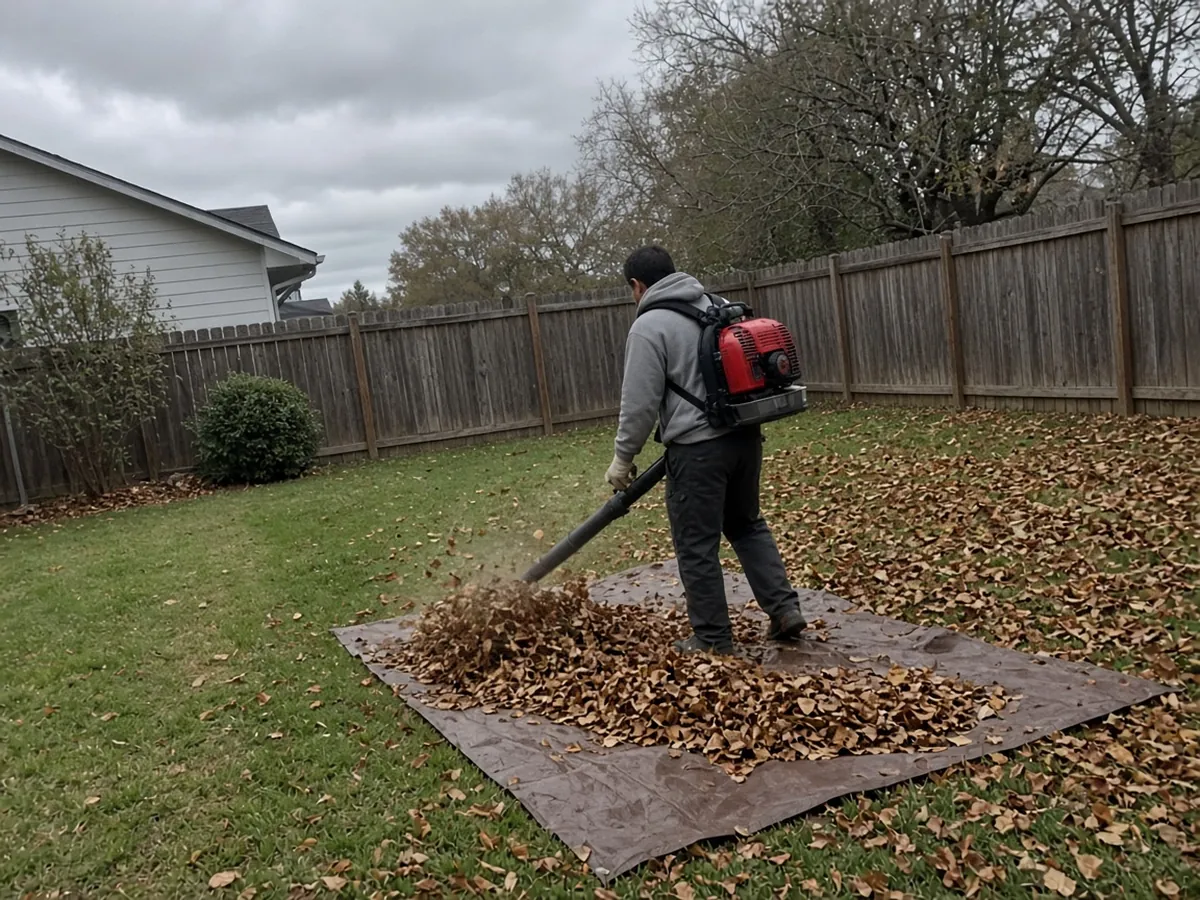 Leaf blower clearing leaves onto a tarp in a fenced backyard
