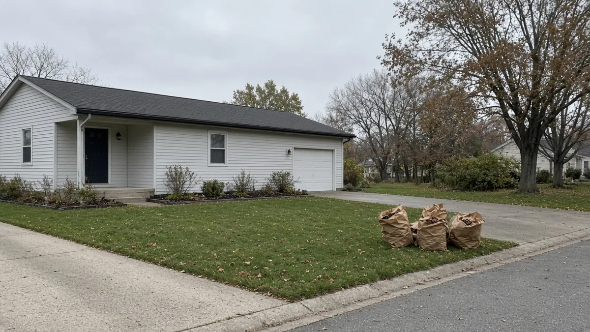 Front lawn cleared of leaves with yard bags grouped at the curb