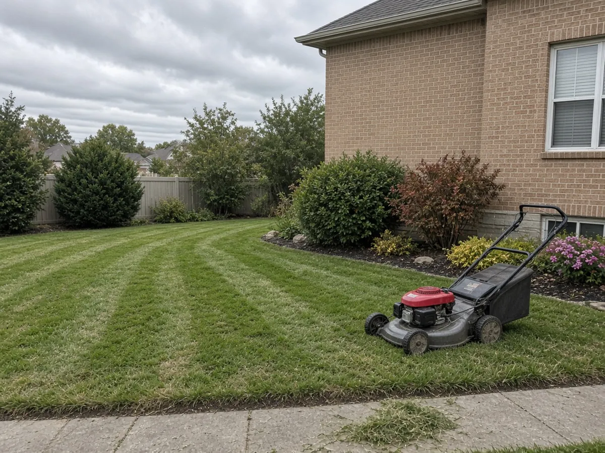 Freshly mowed lawn with a push mower parked by the flower bed