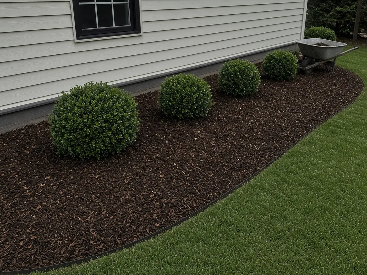 Freshly mulched bed with trimmed round shrubs