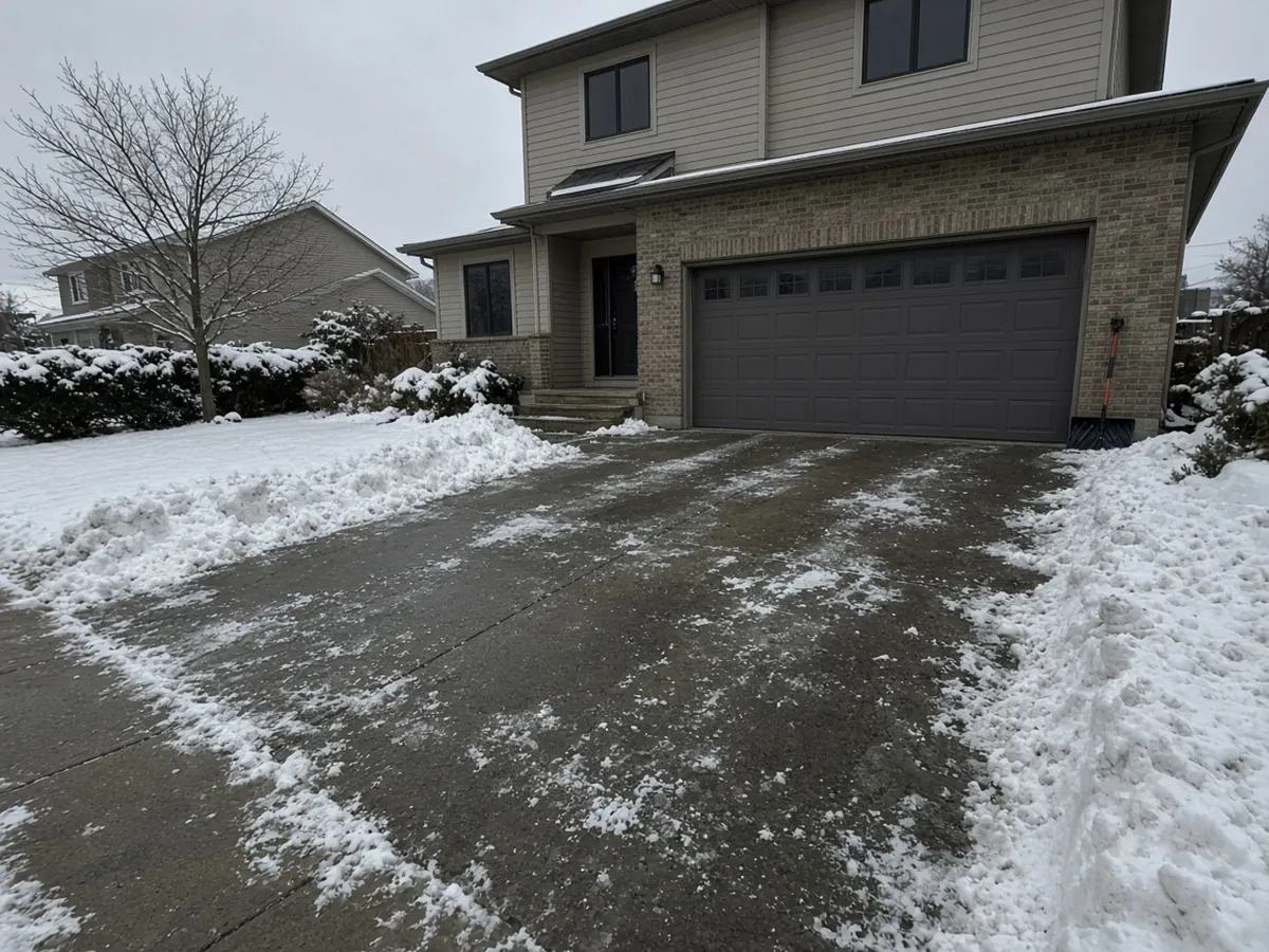 Shoveled driveway in front of a two-story house after light snow